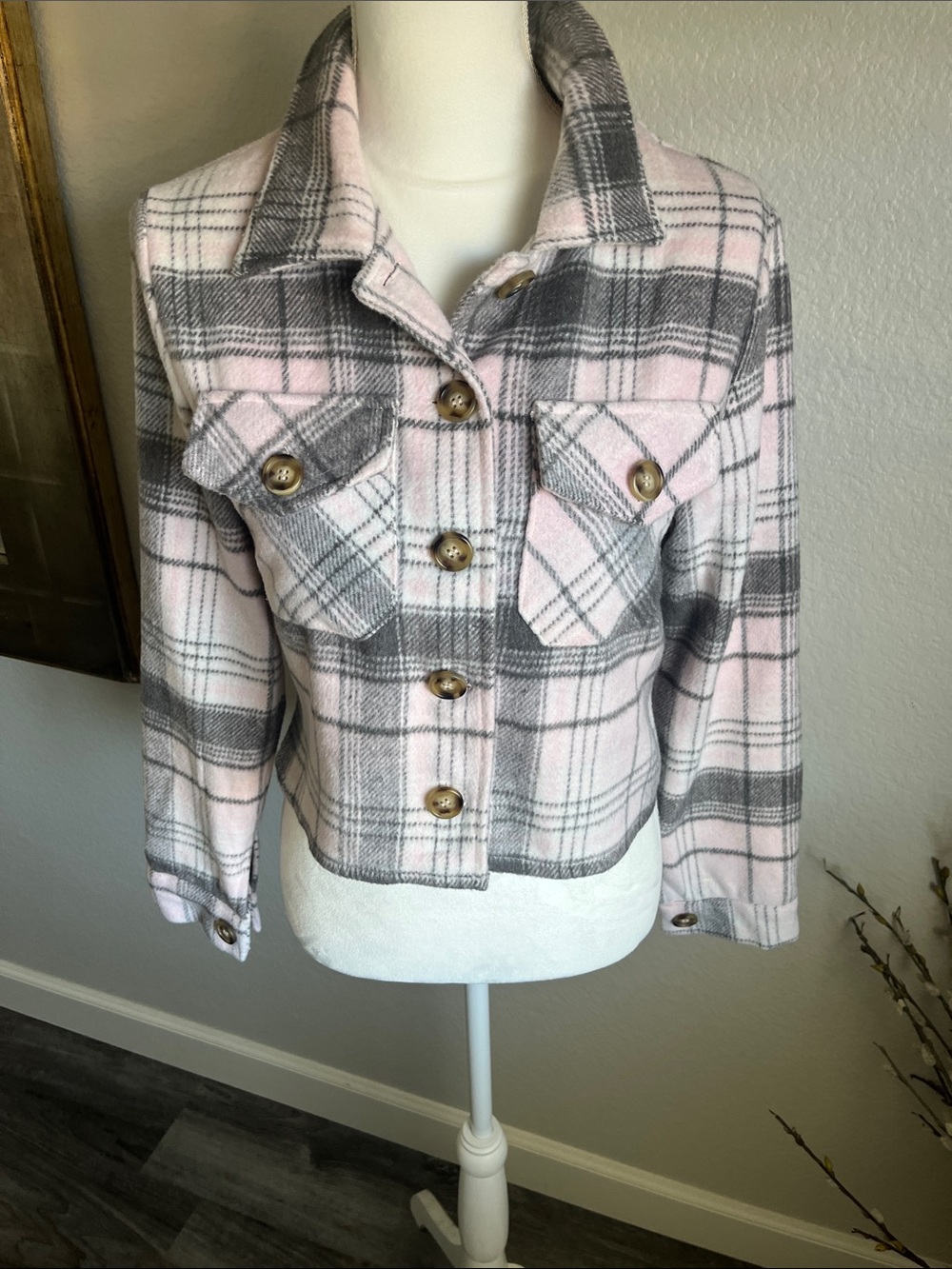 Pink and Gray Plaid Crop Utility Jacket